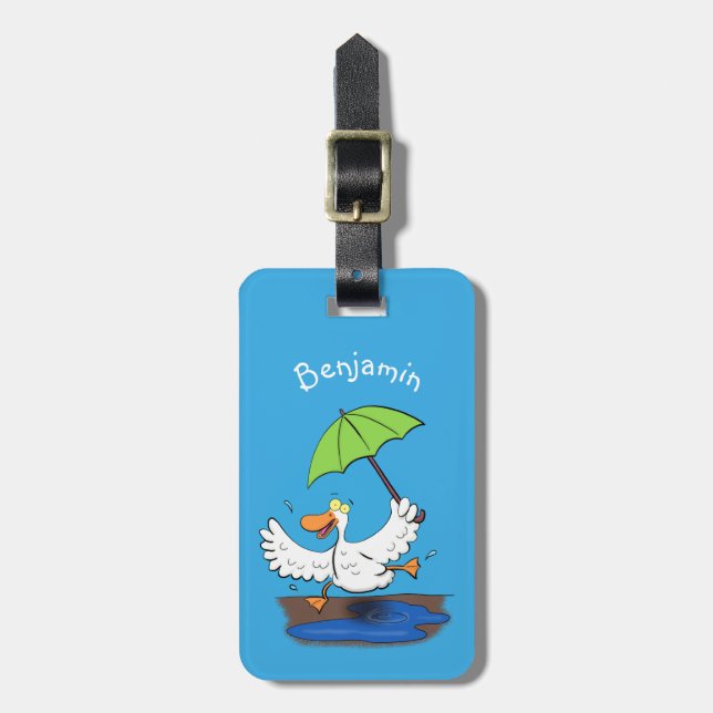 Funny duck with umbrella dancing cartoon luggage tag (Front Vertical)