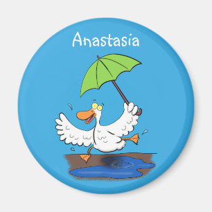 Funny duck with umbrella dancing cartoon magnet