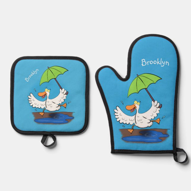 Funny duck with umbrella dancing cartoon oven mitt & pot holder set (Front)
