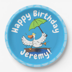 Funny duck with umbrella dancing cartoon paper plate