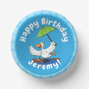 Funny duck with umbrella dancing cartoon paper plate