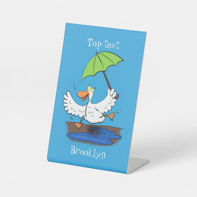 Funny duck with umbrella dancing cartoon pedestal sign (Front)