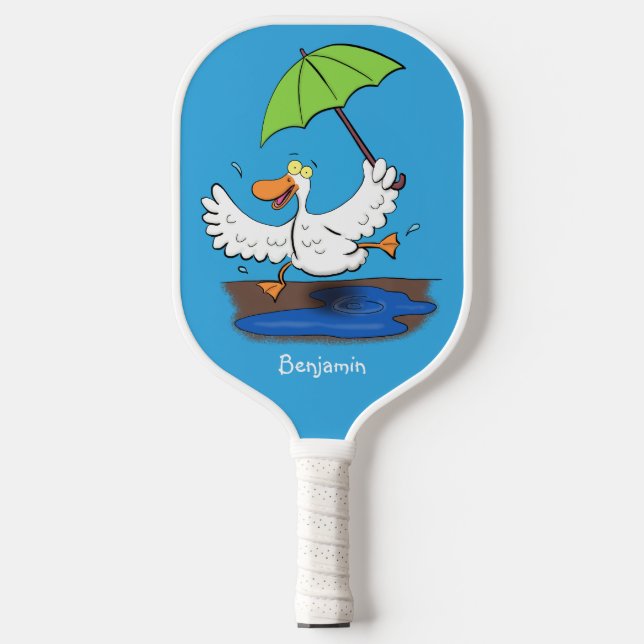 Funny duck with umbrella dancing cartoon  pickleball paddle (Front)