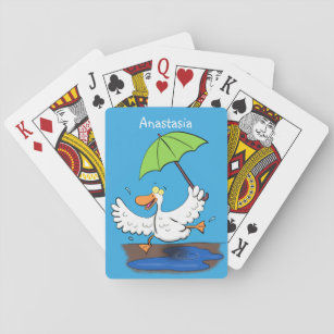 Funny duck with umbrella dancing cartoon playing cards