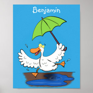 Funny duck with umbrella dancing cartoon poster