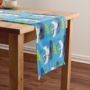 Funny duck with umbrella dancing cartoon short table runner