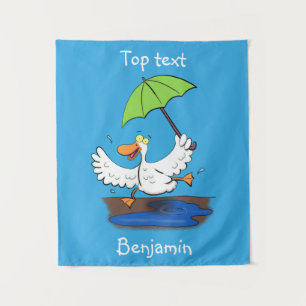 Funny duck with umbrella dancing cartoon tapestry