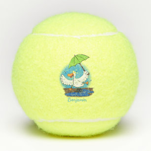 Funny duck with umbrella dancing cartoon tennis balls