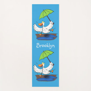 Funny duck with umbrella dancing cartoon yoga mat