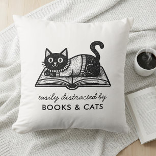 Funny Easily Distracted by Books and Cats Throw Pillow