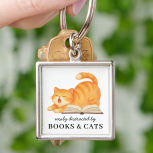 Funny Easily Distracted By Books & Cats Cute Keychain