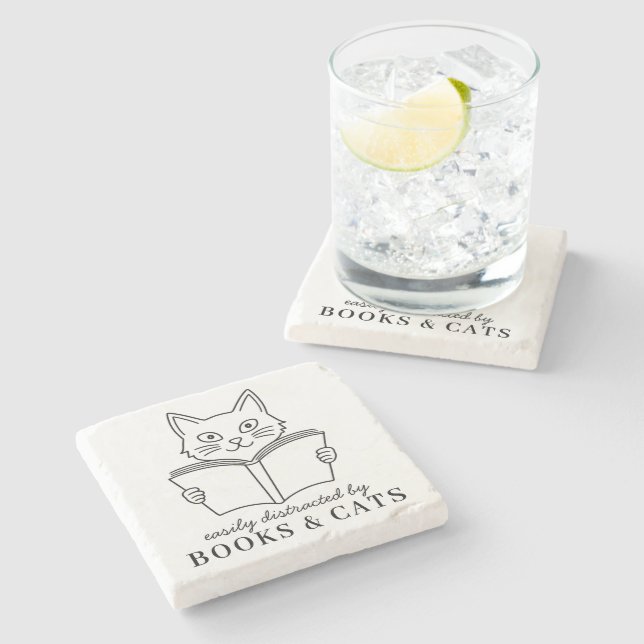 Funny Easily Distracted By Books & Cats Stone Coaster (Side)