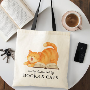 Funny Easily Distracted by Books & Cats Tote Bag