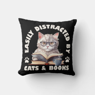 Funny Easily Distracted By Cats And Books Throw Pillow