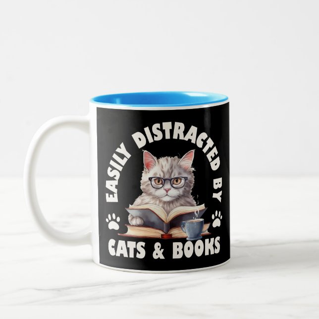 Funny Easily Distracted By Cats And Books Two-Tone Coffee Mug (Left)