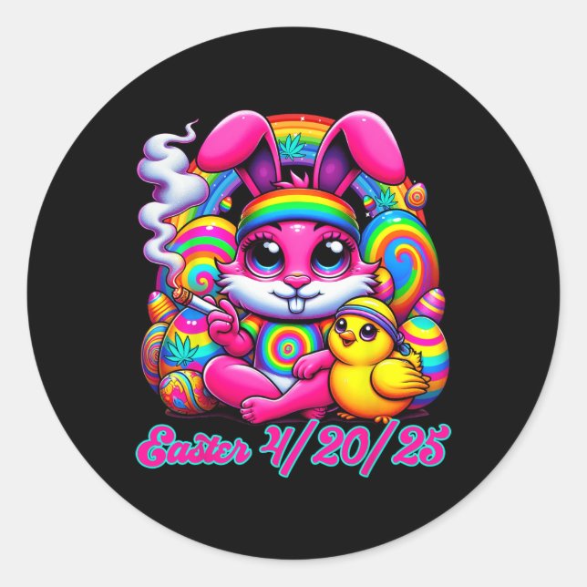 Funny Easter Bunny Chick Smoking  Classic Round Sticker (Front)