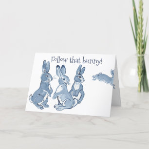 Funny Easter Bunny Rabbit Blue & White Delft Art Holiday Card