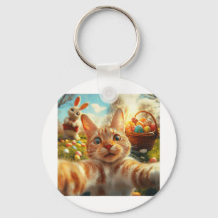 Funny Easter Cat Selfie With Easter Bunny Adults K Keychain