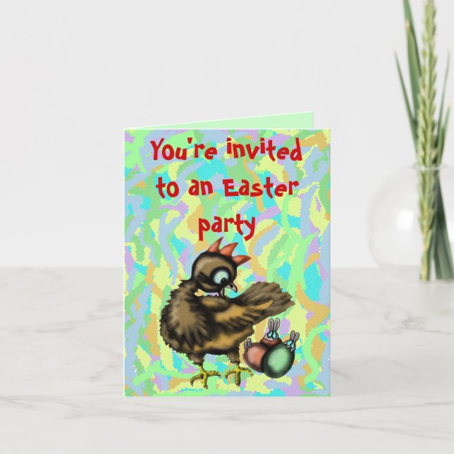 Funny Easter chicken and bunnies invitation card (Front)