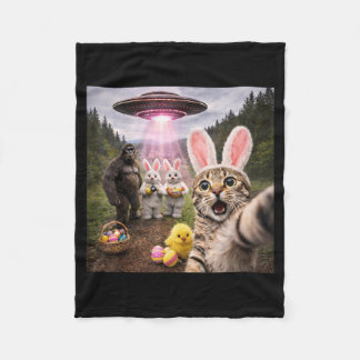 Funny Easter Day Cat Selfie with Bunny Bigfoot UFO Fleece Blanket