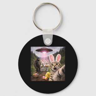 Funny Easter Day Cat Selfie with Bunny Bigfoot UFO Keychain