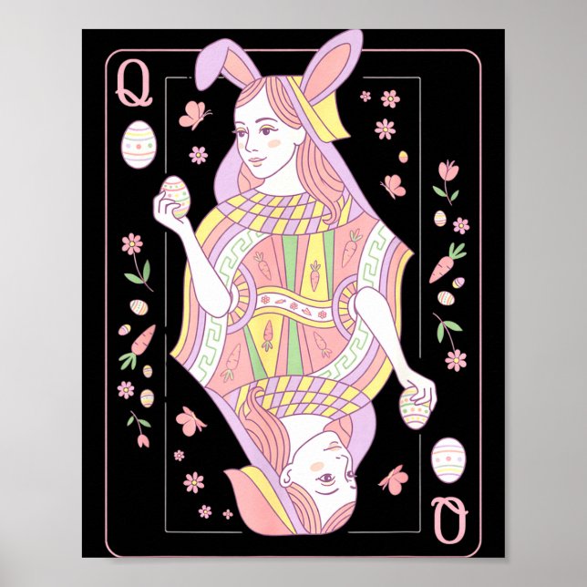 Funny easter day queen card playing bunny cute poster (Front)