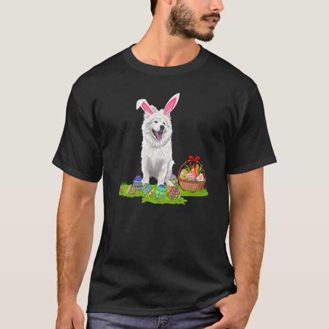 Funny Easter Egg Hunting Bunny American Eskimo Dog T-Shirt (Front)