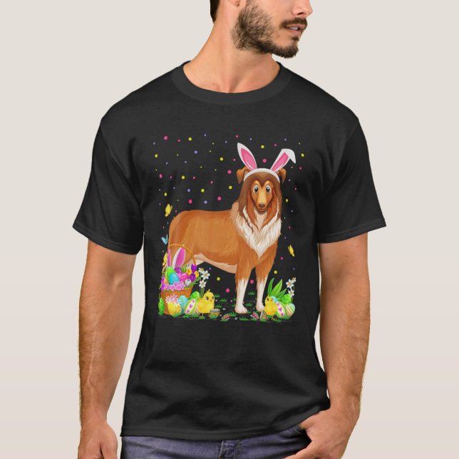 Funny Easter Egg Hunting Rough Collie Dog Easter S T-Shirt (Front)