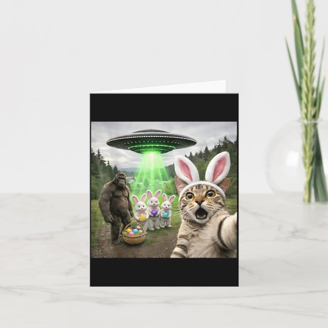 Funny Easter Eggs Alien UFO Cat Selfie Bunny Squad Card (Front)