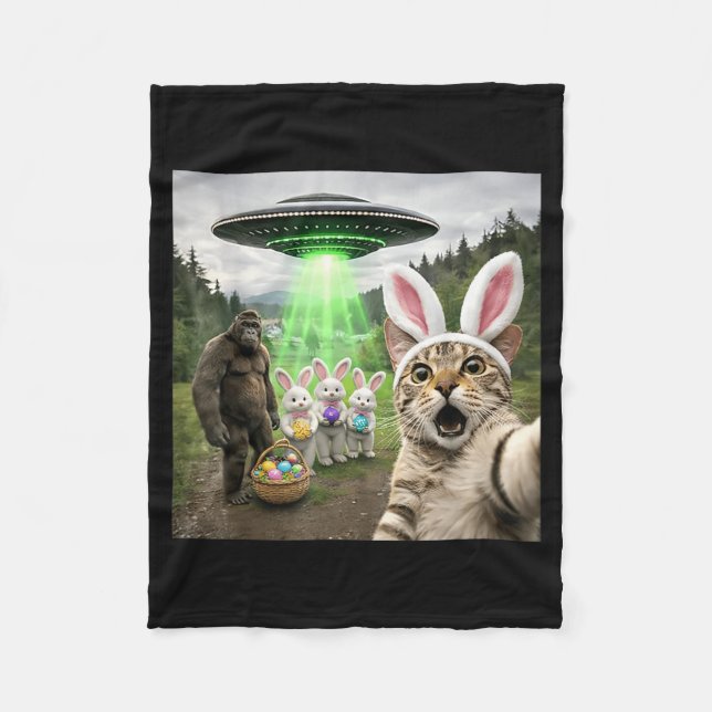 Funny Easter Eggs Alien UFO Cat Selfie Bunny Squad Fleece Blanket (Front)