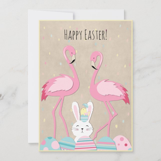 Funny Easter flamingo eggs and bunny Holiday Card (Front)