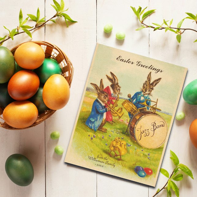 Funny Easter Greetings Dancing Chicks Custom Text Holiday Postcard (Personallize with your Family Name & Year.  All text is editable.)
