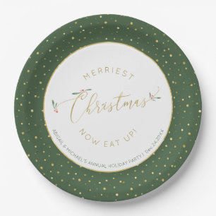 Funny Eat Up Christmas Typography Green and Gold Paper Plate