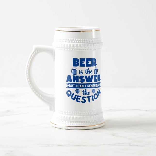 Funny, Editable, "Beer is the Answer" Personalized Beer Stein (Left)
