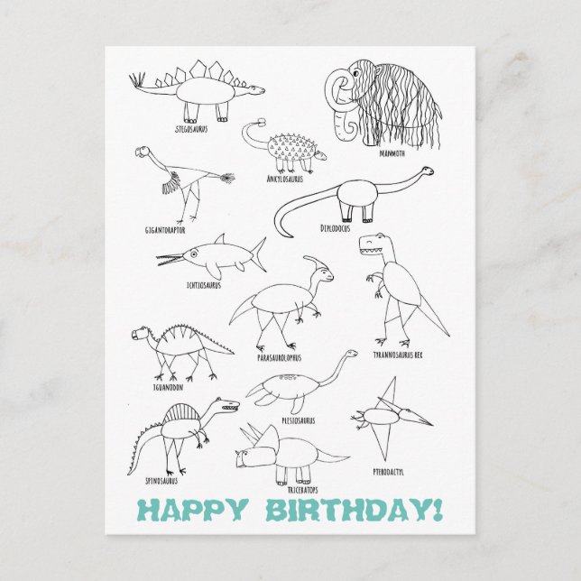 Funny Educational Dinosaur Kids Colouring Birthday Postcard (Front)