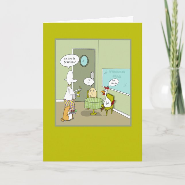 Funny Egg and Chicken Who’s First Happy Birthday Card (Front)