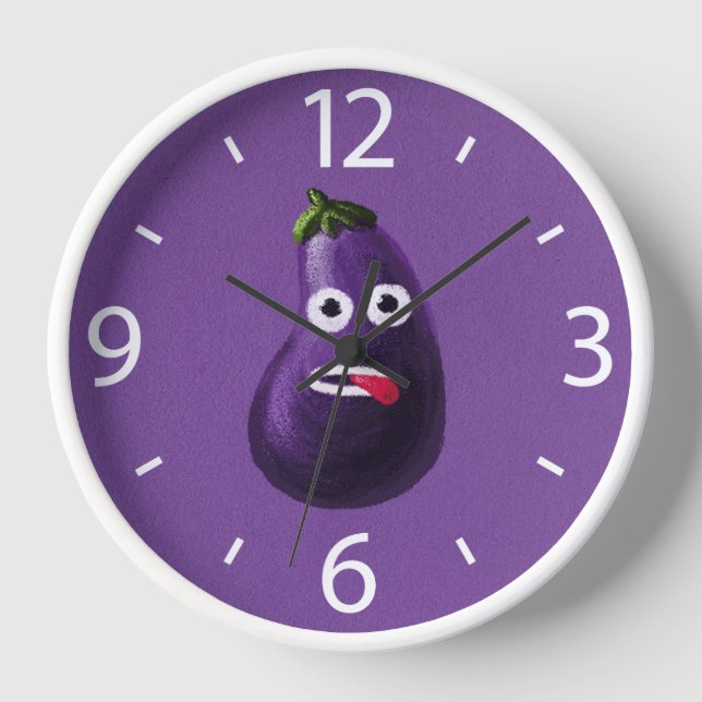 Funny Eggplant Cartoon Cute Vegetable Purple Clock (Front)