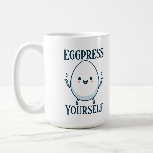 Funny "Eggpress Yourself" Custom Name Coffee Mug (Left)