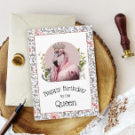 Funny Elegant Birthday Queen Pink Flamingo Card<br><div class="desc">This unique birthday card features a whimsical pink flamingo dressed in a ruffled cloak wearing a jewelled crown. Surrounded by flowers and historical statues, the design is framed in a pink and beige elegant floral pattern. The text on the outside is "Happy Birthday to the Queen". The inside text is...</div>