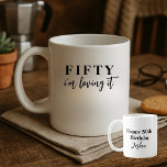 Funny Elegant Simple I'm Loving It 50th Birthday Coffee Mug<br><div class="desc">Mark a milestone with understated elegance. This minimalist birthday mug features “Fifty” in a striking serif font, followed by the fun phrase “I’m loving it” — a stylish nod to turning a new chapter. All text can be easily customized, making it perfect for any age or occasion. Thank you for...</div>