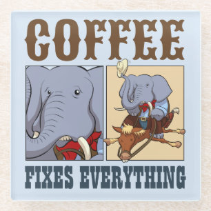 Funny Elephant Coffee Fixes Everything Cartoon Glass Coaster