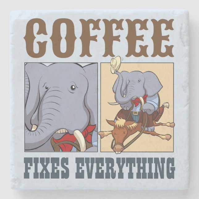Funny Elephant Coffee Fixes Everything Cartoon Stone Coaster (Front)