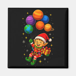 Funny Elf Astronaut With Planets Christmas Pjs For Magnet