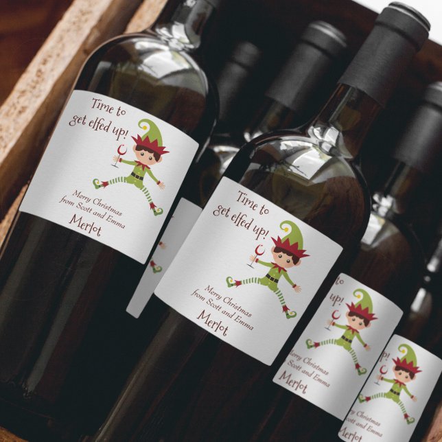 Funny Elf Christmas Elfed Up Wine Label (Creator Uploaded)