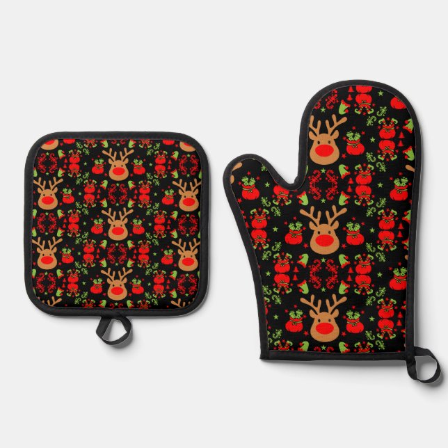 Funny Elf Christmas Wrapping Oven Mitt & Pot Holder Set (Front)