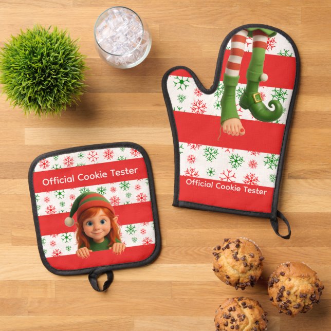 Funny Elf Faces & Legs | North Pole Fun Christmas  Oven Mitt & Pot Holder Set (Top Down)