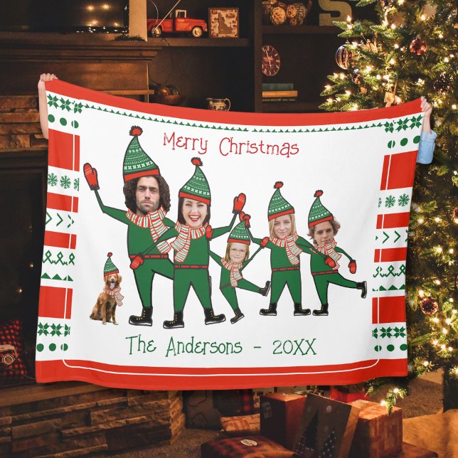 Funny Elf Family of Five Dog Red Green Christmas Fleece Blanket (Creator Uploaded)