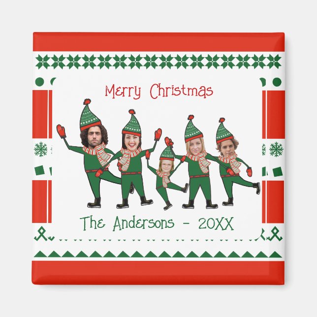 Funny Elf Family of Five Photo Red Green Christmas Magnet (Front)