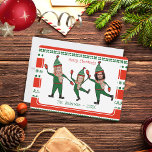 Funny Elf Family Photo Red Green Merry Christmas Holiday Card<br><div class="desc">Funny elf drawing dancing,  on a very festive green and red holiday pattern as background. Upload your a cropped photo of your face,  a white background photo (passport style photo works best)

Placeholder photo credit,  Conner Wilkins,  Salome Guruli,  Adam Winger,  from Unsplash. Thank you</div>