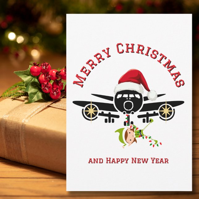 Funny Elf jumping on Airplane & Photo Custom Xmas Holiday Card (Creator Uploaded)